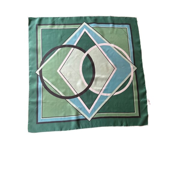 Blue Green Geometric Graphic Japan Acetate Scarf Vintage 1960's - Picture 1 of 5